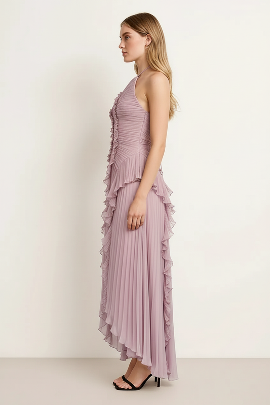 Pliova Halter Gown – Pleated Maxi Dress Women Semi Formal Wedding Guest Evening Ruffle
