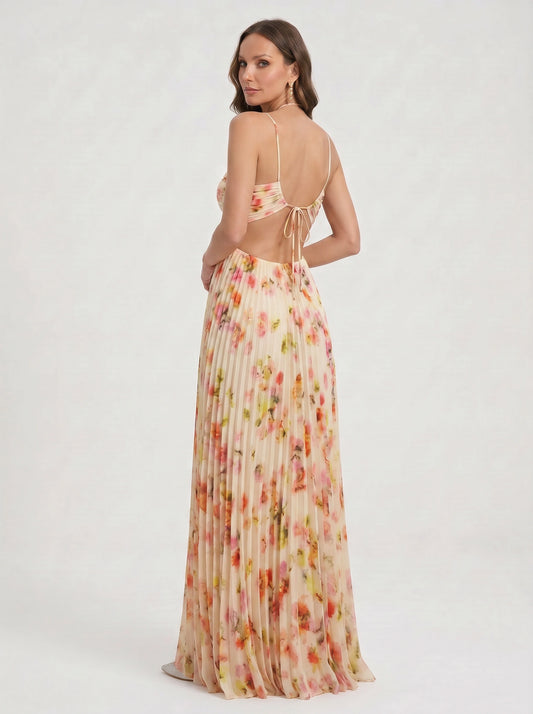 Floratta Cutout Pleated Maxi Dress – Floral Summer Wedding Guest Women Formal Evening Party Maxi Dress
