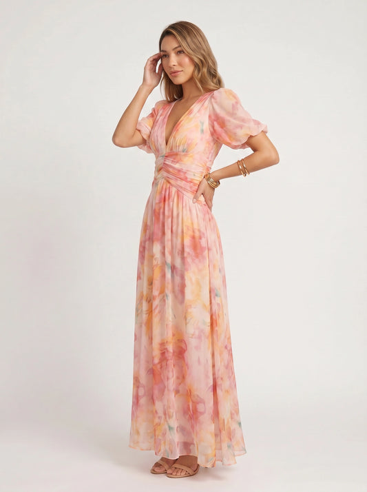 Aquarosa Puff Sleeve Maxi Dress – Watercolor Floral Print Women Formal Wedding Guest Summer Pink Maxi Dress
