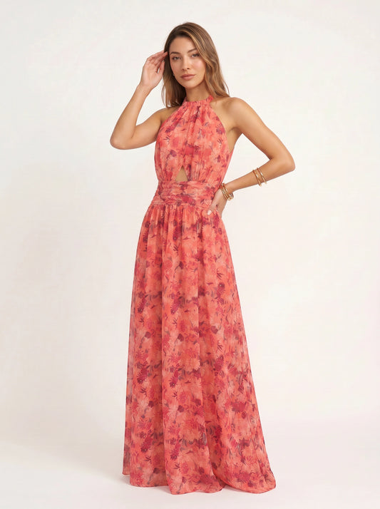 Rosalyn Halter Dress – Floral Maxi Slit Cutout Women Evening Cocktail Party Wedding Guest