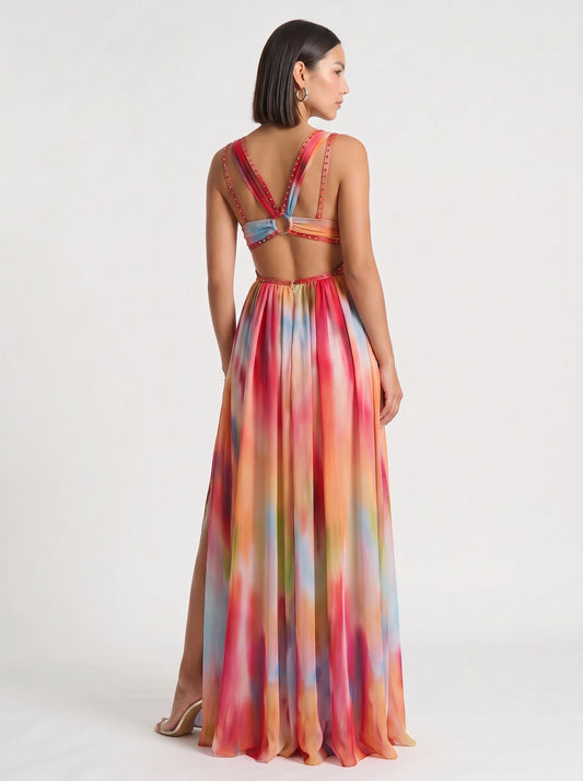 Prismae Maxi Dress – Rainbow Ombre Satin Gown Women High Slit Deep V Formal Evening Summer Wedding Guest