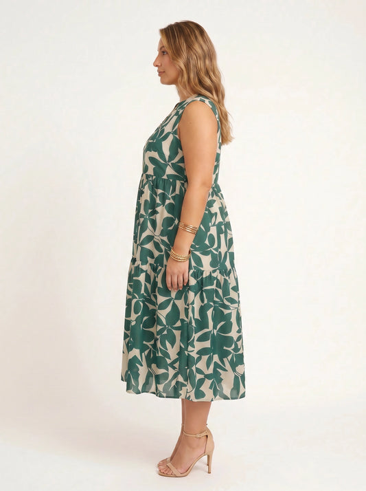 Fogliara V-Neck Tiered Midi Dress – Sleeveless Sundress Women Plus Size Summer Resort Vacation Midi Dress