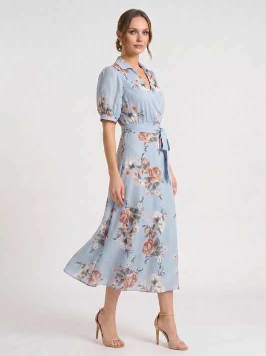 Fiorblu Puff-Sleeve Wrap Midi Dress – Blue Floral Women Formal Wedding Guest Summer Elegant Midi Dress