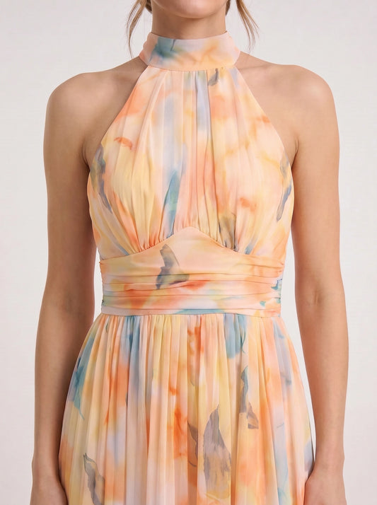 Cielis Halter Plunge Maxi Dress – Pastel Watercolor Multicolor Halter Women Summer Wedding Guest Maxi Dress