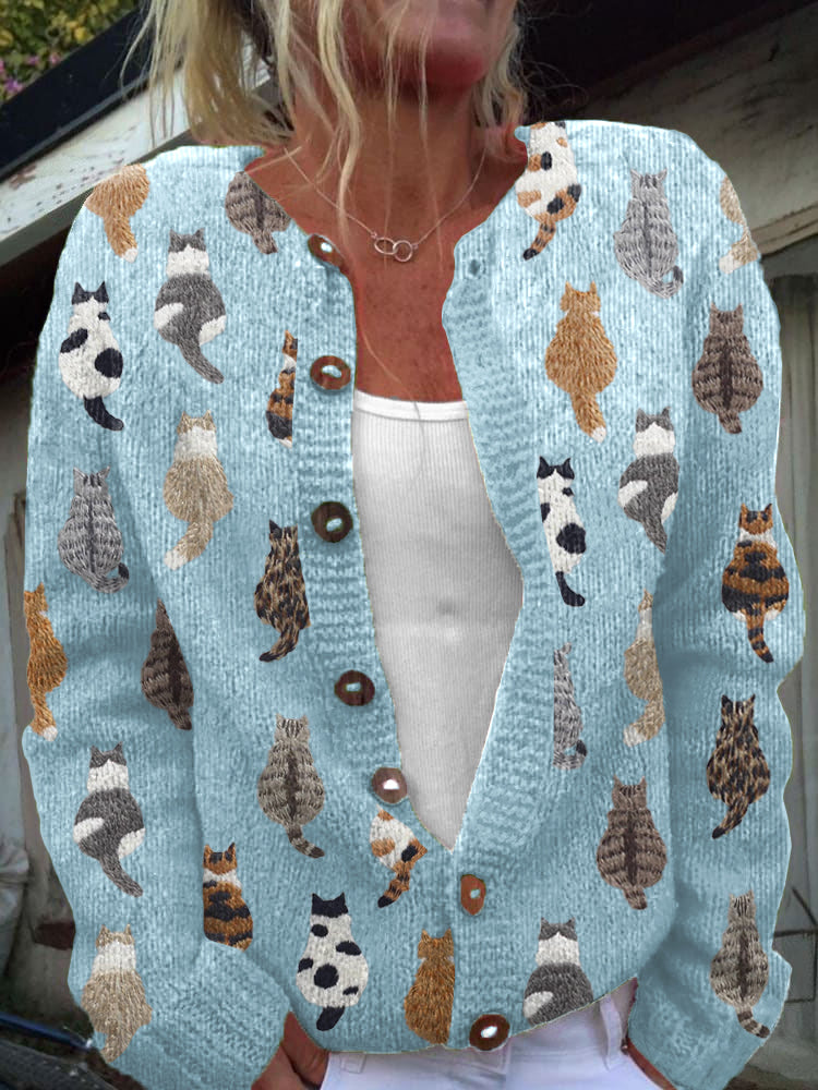 Cardigan Cattino en maille à motif de chat, boutonné sur le devant - Pull femme pour l’automne à imprimé fantaisie, col rond, long