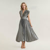 Plissara Pleated Maxi Dress – Women V-Neck Elegant Semi Formal Wedding Guest Party Cocktail Outfit