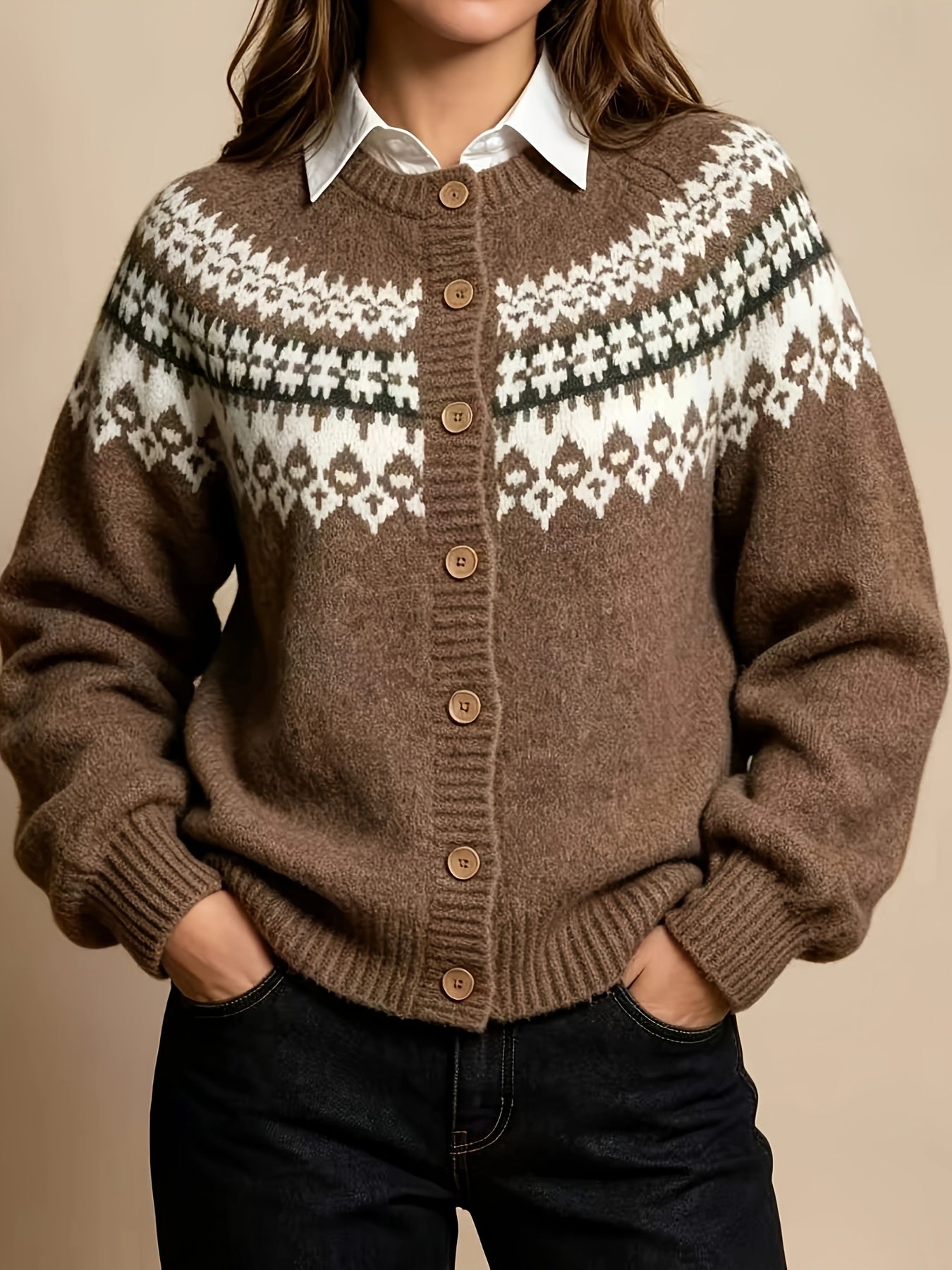 Cardigan boutonné Fair Isle Houndella - Pull cardigan tricoté pour femme, style preppy vintage, cardigan de fête