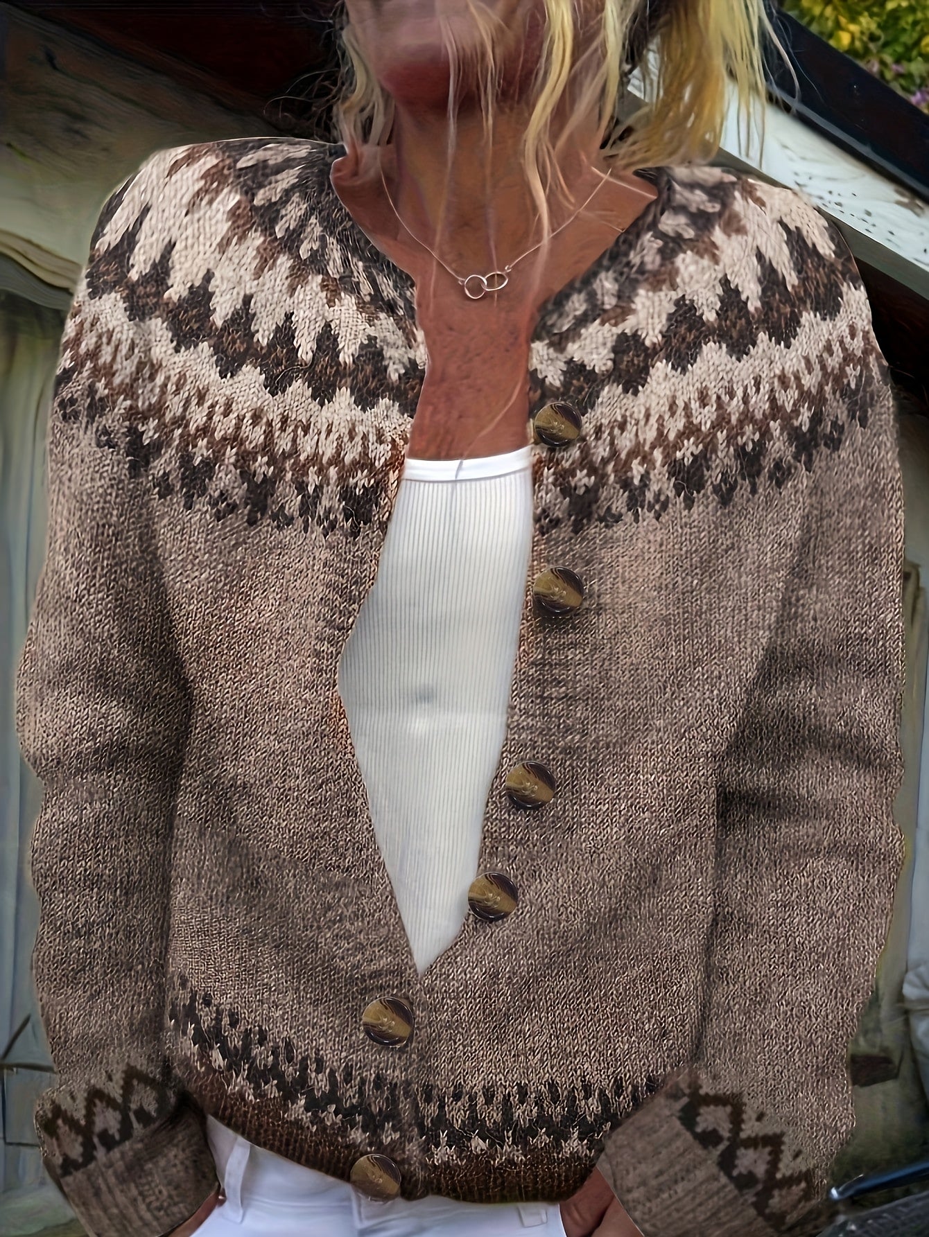 Gilet boutonné à motif Fair Isle Mosaknit – Gilet-pull en maille pour femme, automne, oversize, grosse maille, laine