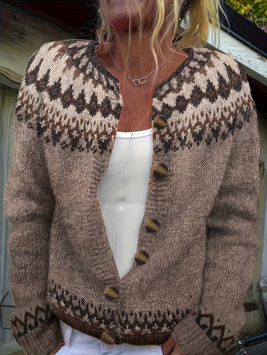 Mosaknit Fair Isle Button-Front Cardigan – Cardigan Women Sweater Knit Fall Oversized Chunky Wool Cardigan Sweater
