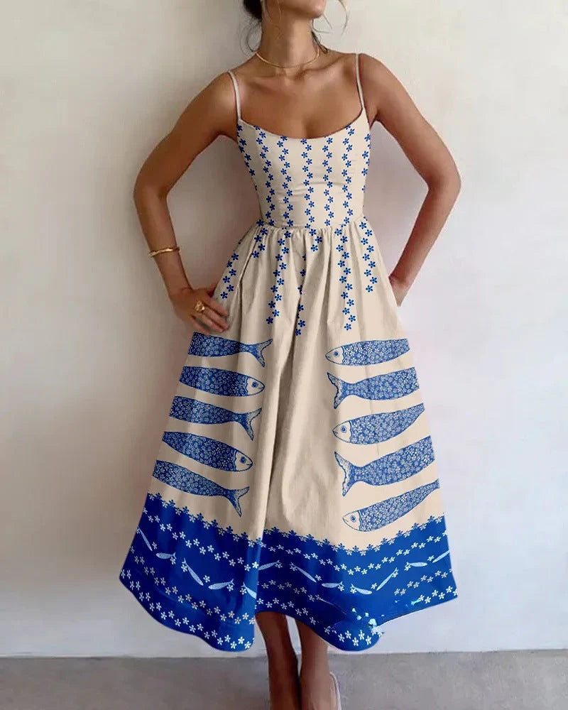 Maravista Fish Print Cami Midi Dress – Sundress Women Beach Vacation Resort Wear Ladies Midi Sundress
