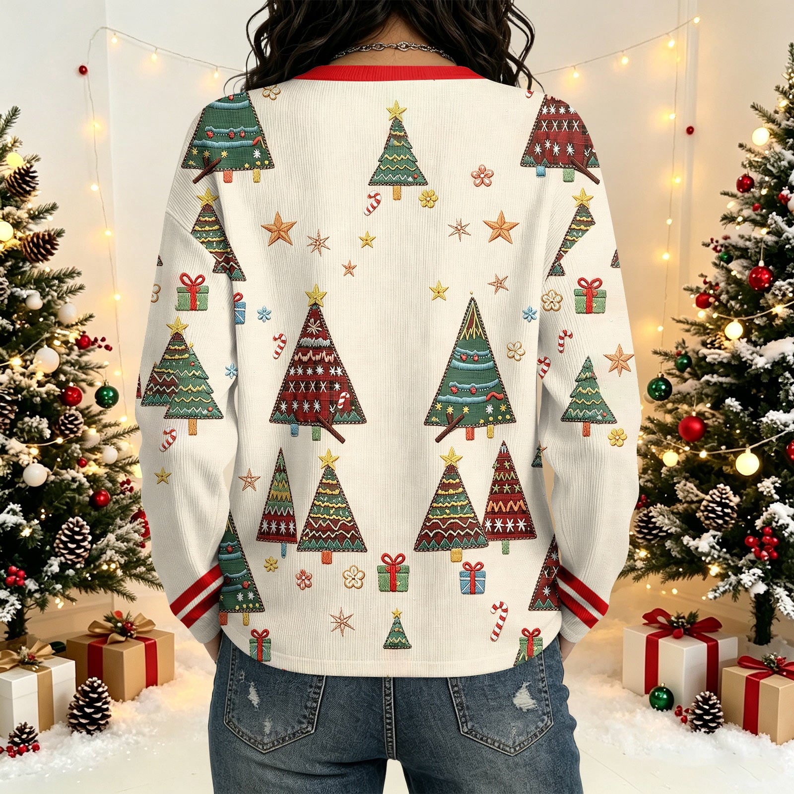 Stellabor Christmas Tree Print Cardigan – Women Holiday Festive Button Front Long Sleeve Cardigan