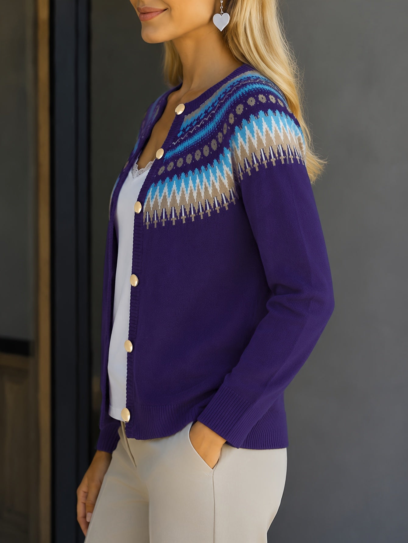 Gilet boutonné à motif Fair Isle Ondri – Haut à manches longues boutonné pour femme, pull en maille jacquard bleu marine, beige et bleu