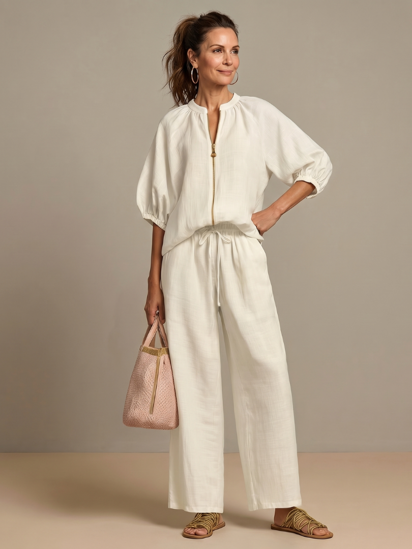 Cielebri Puff Sleeve Zip Top Wide Leg Pants Set – Two Piece Sets Women Loungewear Casual Summer Lounge Sets