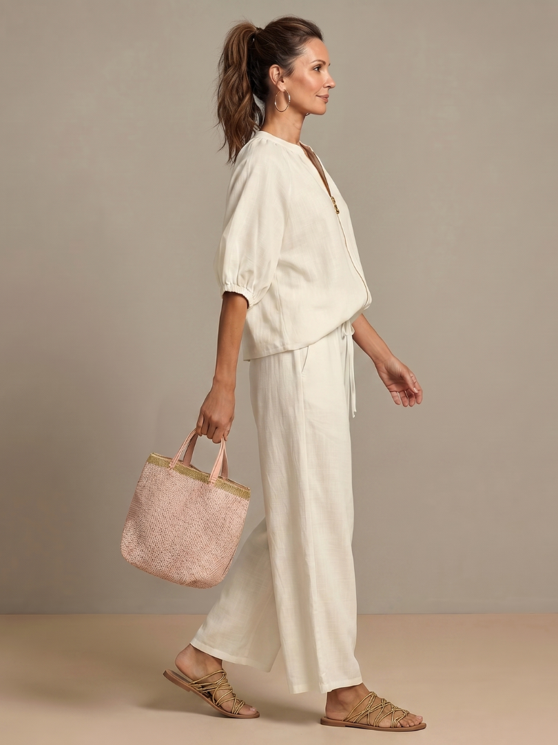 Cielebri Puff Sleeve Zip Top Wide Leg Pants Set – Two Piece Sets Women Loungewear Casual Summer Lounge Sets