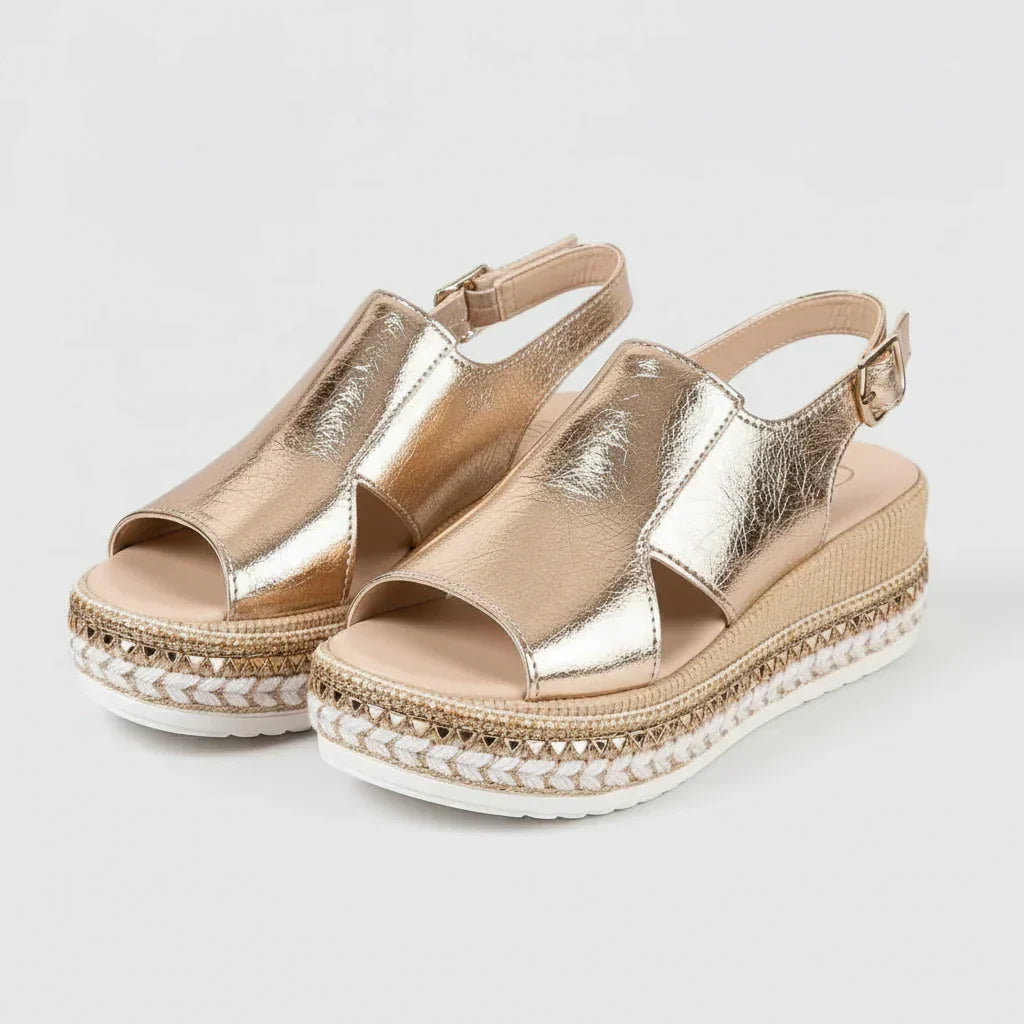 Corbrit Platform Espadrille Sandals – Metallic Cross-Strap Cushioned Flatform Women Slingback Comfort Walking Sandals