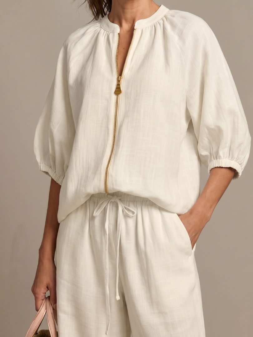 Cielebri Puff Sleeve Zip Top Wide Leg Pants Set – Two Piece Sets Women Loungewear Casual Summer Lounge Sets