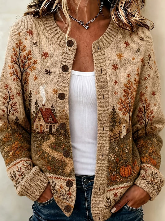 Foliante Embroidered Scenic Button-Front Cardigan – Women Autumn Sweater Knitwear Cottage Core Fall Cardigan