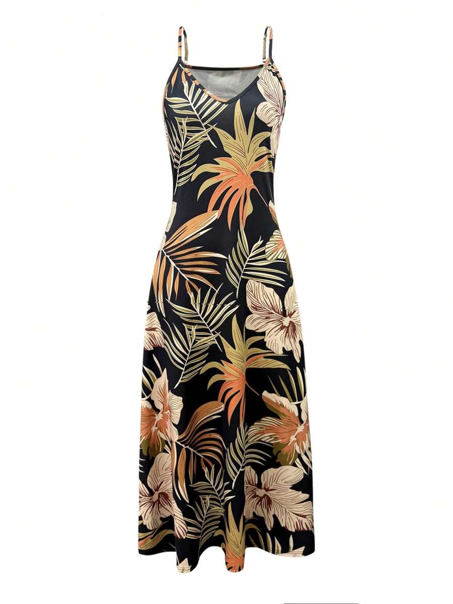 Palmeva Tropical Print Midi Dress – Summer Sundress Women Vacation Beach Resort Strappy Midi Dress