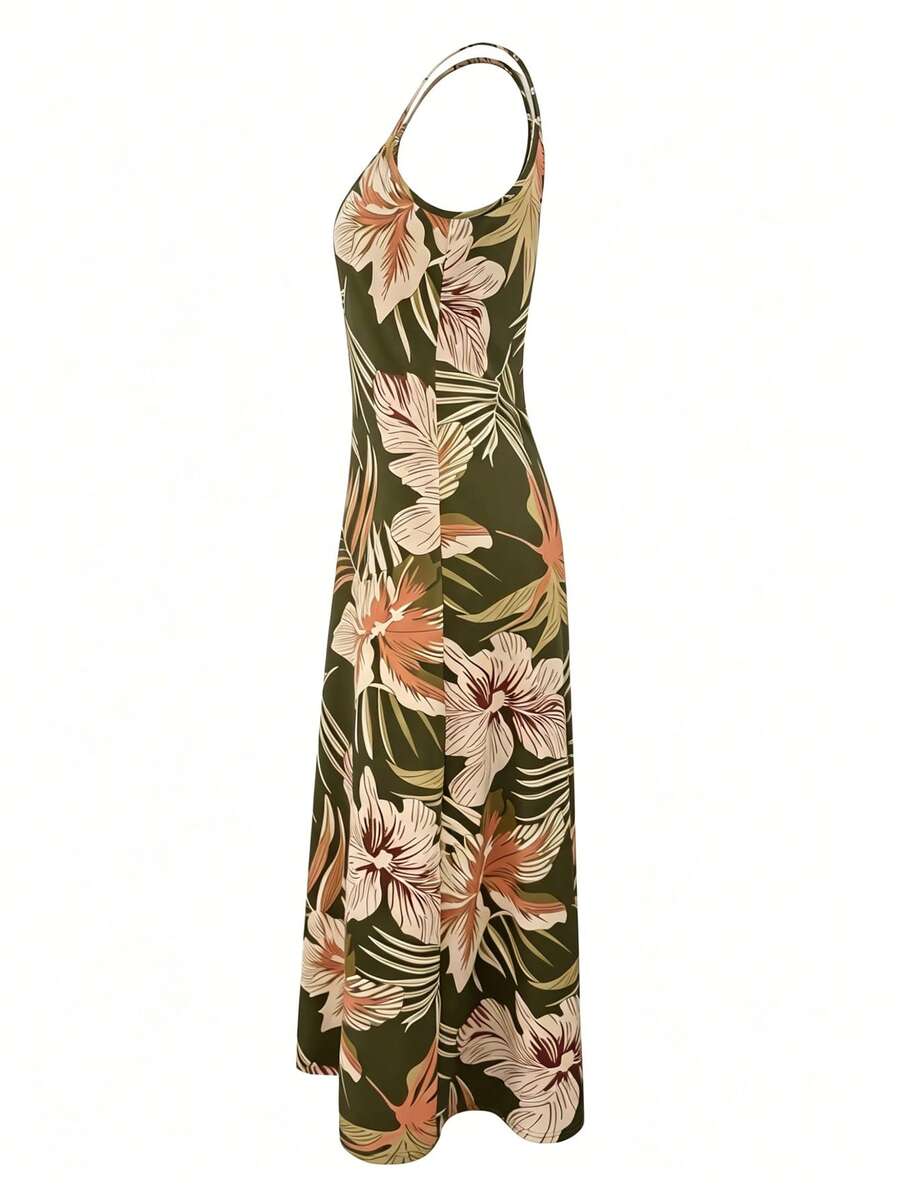 Palmeva Tropical Print Midi Dress – Summer Sundress Women Vacation Beach Resort Strappy Midi Dress
