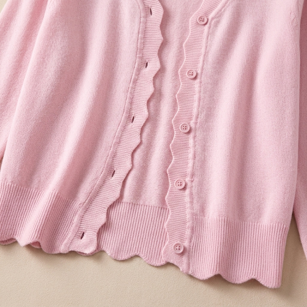 Ondabrim Scallop Edge Ribbed Cardigan – Button Front Knit Women Casual Fitted Sweater Top