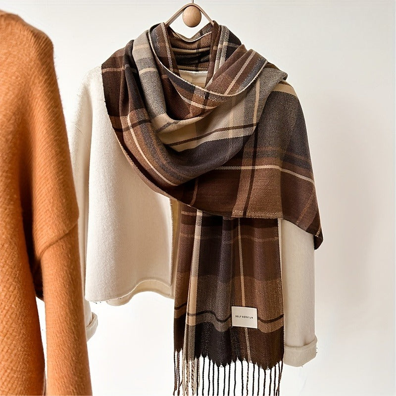 Grande écharpe à carreaux Frinara – Écharpe chaude pour femme, hiver et automne, à pompons et franges, châle enveloppant façon couverture