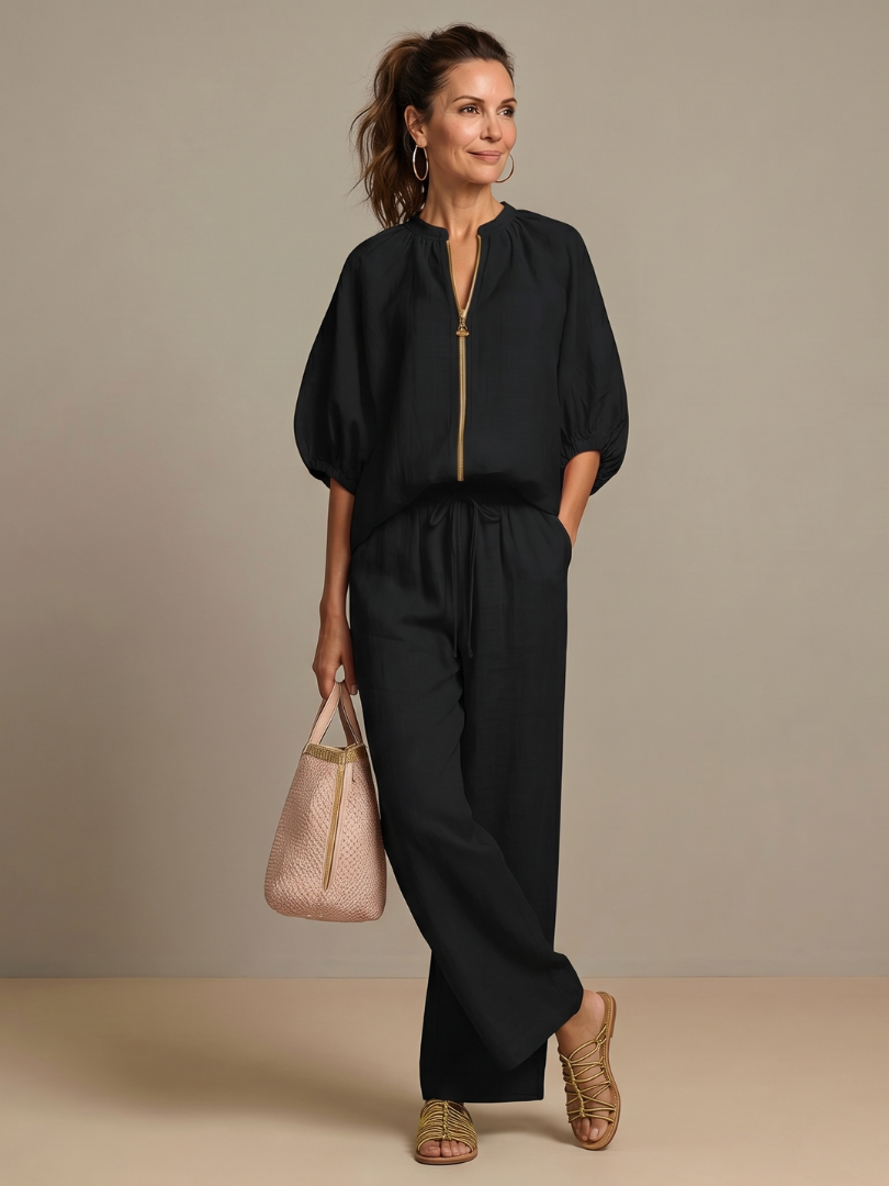 Cielebri Puff Sleeve Zip Top Wide Leg Pants Set – Two Piece Sets Women Loungewear Casual Summer Lounge Sets