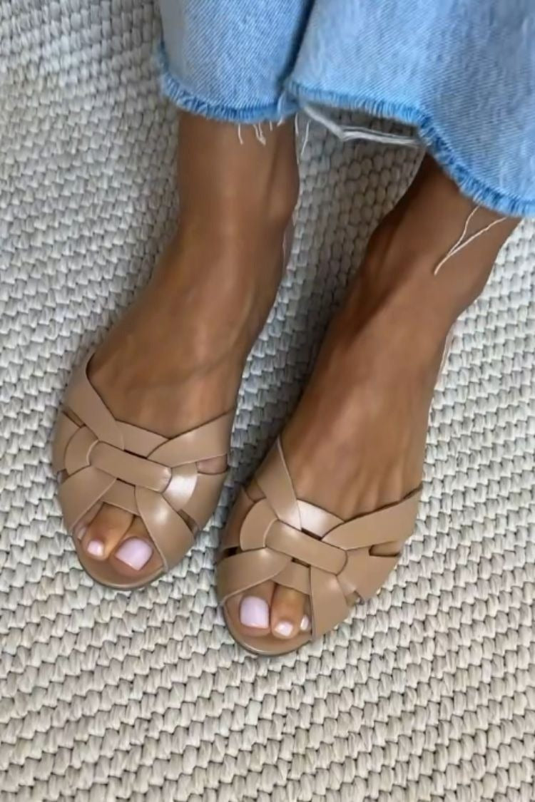 Sienna Leather Interwoven Strappy Peep Toe Flats – Women Sandals Designer Woven Casual Summer d'Orsay Flats