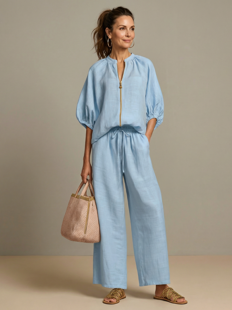 Cielebri Puff Sleeve Zip Top Wide Leg Pants Set – Two Piece Sets Women Loungewear Casual Summer Lounge Sets