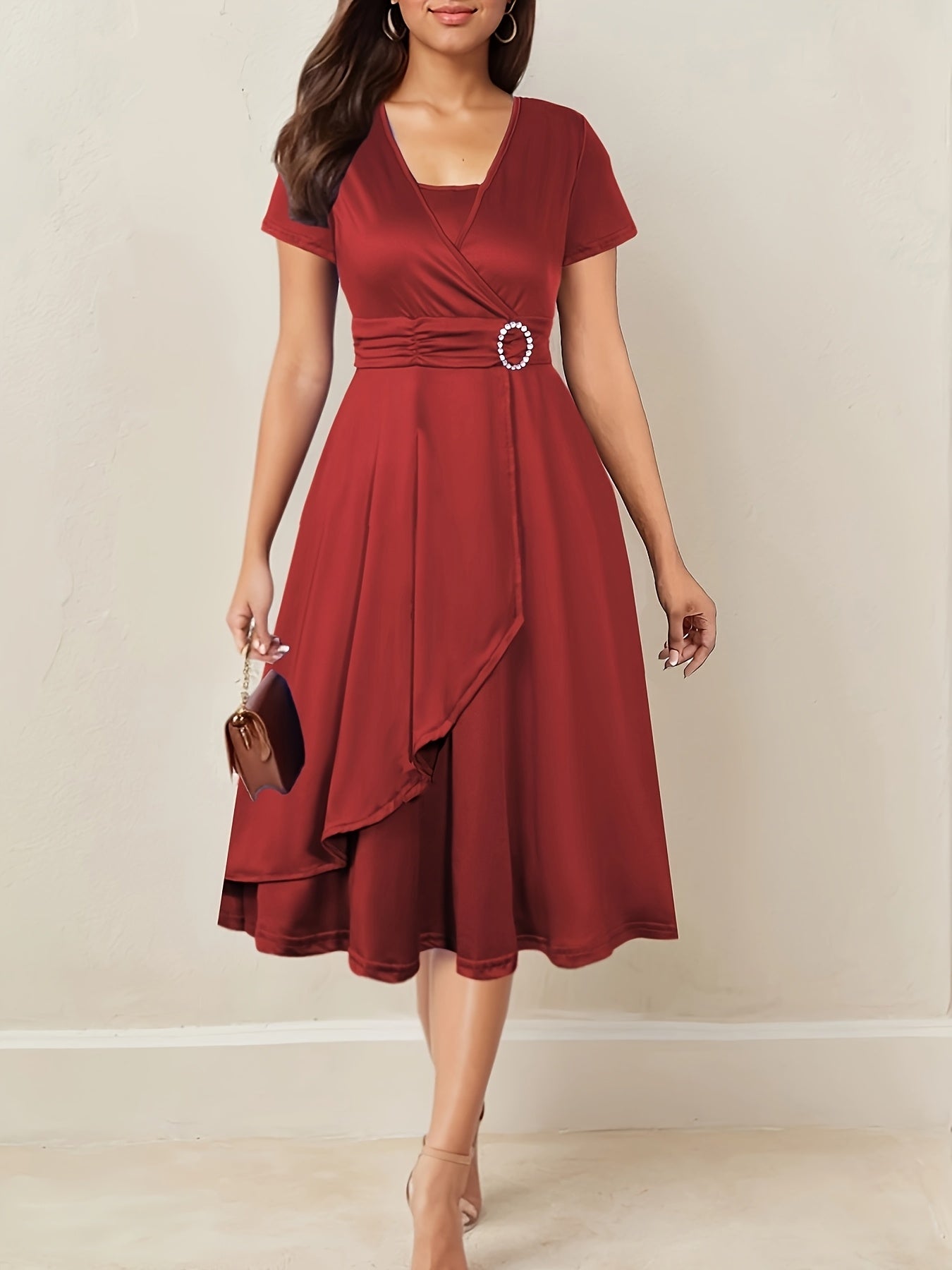 Brumati Wrap Waist Midi Dress – Rhinestone Buckle Ruched Evening Women Formal Party Teal Midi Dress