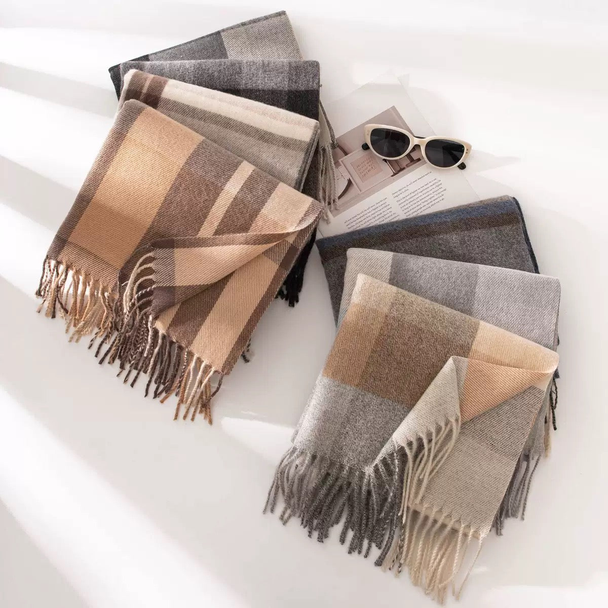 Grande écharpe couverture Quadris – Écharpe à carreaux pour femme, chaude pour l’hiver, à franges, tartan, châle enveloppant en pashmina