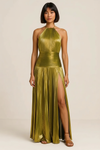 Aurelith Halter Gown – Metallic Gold Pleated Maxi Dress Women Formal Evening Party Semi Formal Dresses