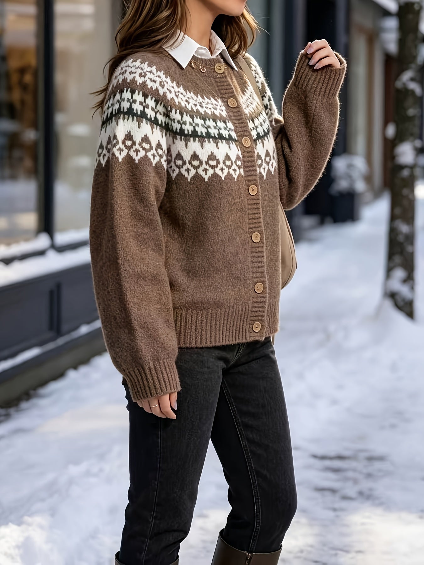 Cardigan boutonné Fair Isle Houndella - Pull cardigan tricoté pour femme, style preppy vintage, cardigan de fête