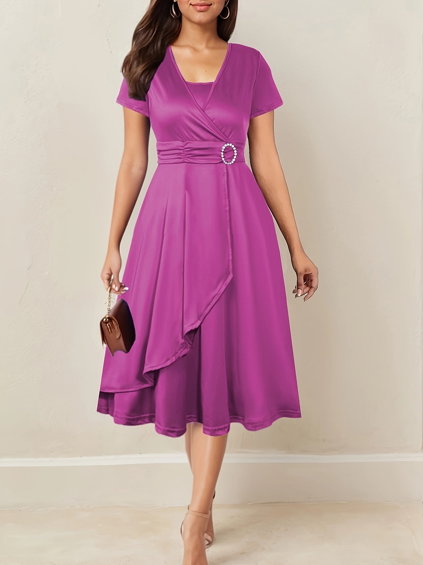 Brumati Wrap Waist Midi Dress – Rhinestone Buckle Ruched Evening Women Formal Party Teal Midi Dress
