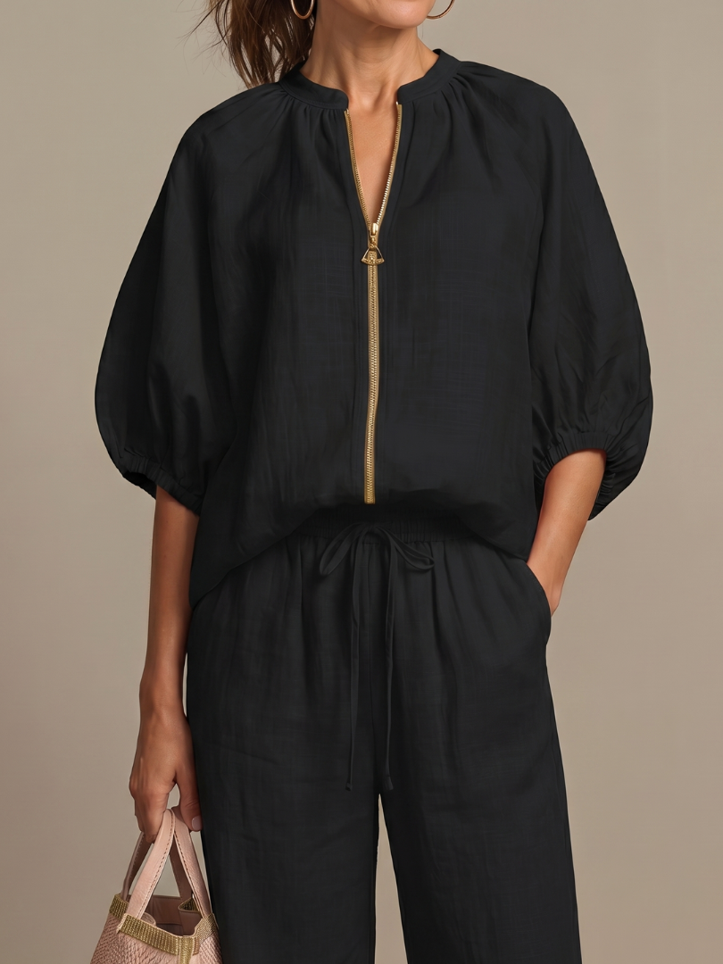Cielebri Puff Sleeve Zip Top Wide Leg Pants Set – Two Piece Sets Women Loungewear Casual Summer Lounge Sets