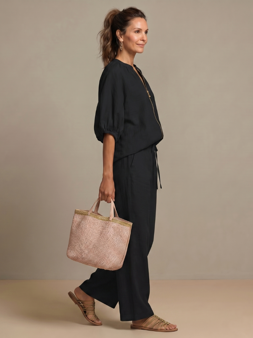 Cielebri Puff Sleeve Zip Top Wide Leg Pants Set – Two Piece Sets Women Loungewear Casual Summer Lounge Sets