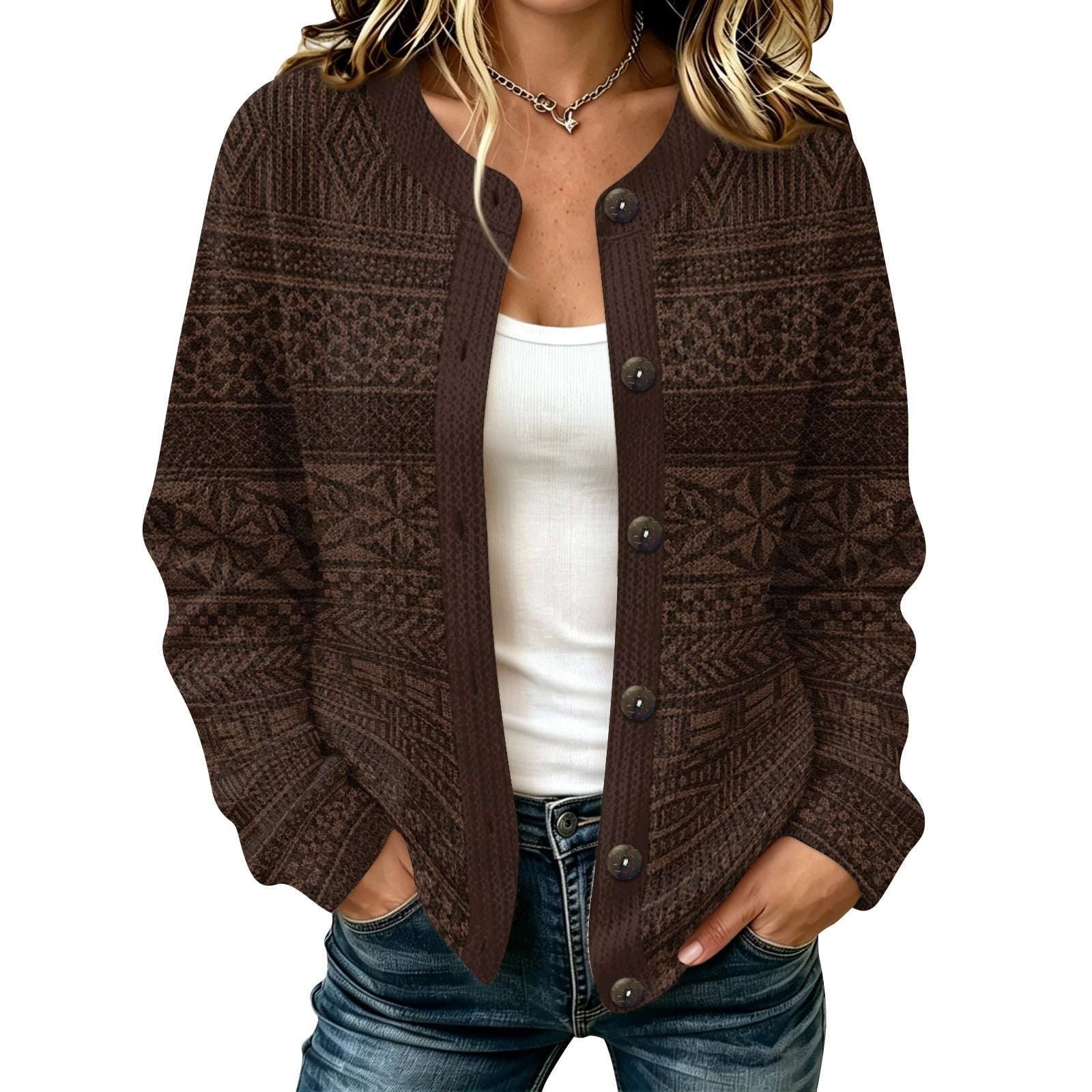 Mosarix Fair Isle Button Cardigan – Women Patterned Cable Knit Sweater Crew Neck Casual Cardigan