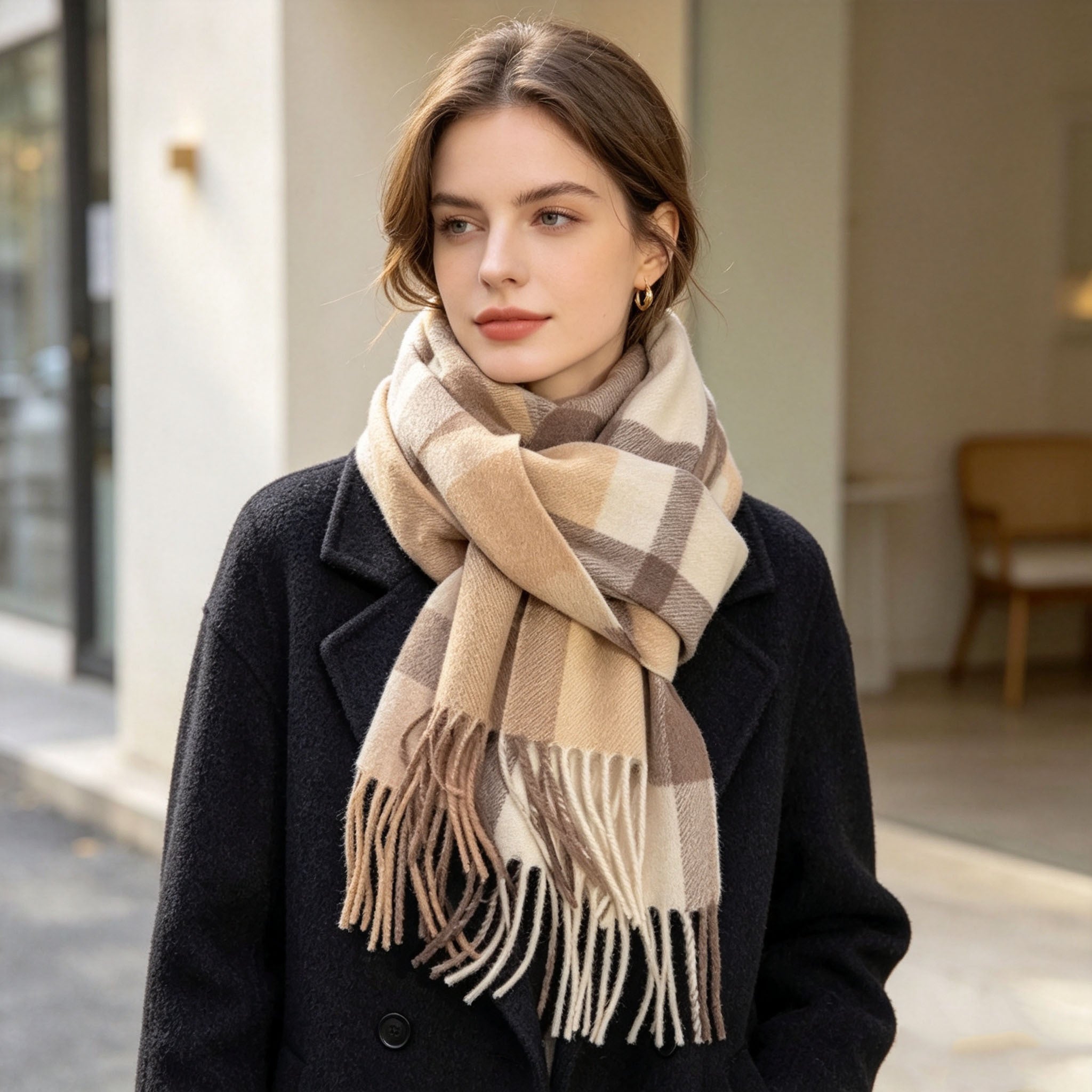 Grande écharpe couverture Quadris – Écharpe à carreaux pour femme, chaude pour l’hiver, à franges, tartan, châle enveloppant en pashmina