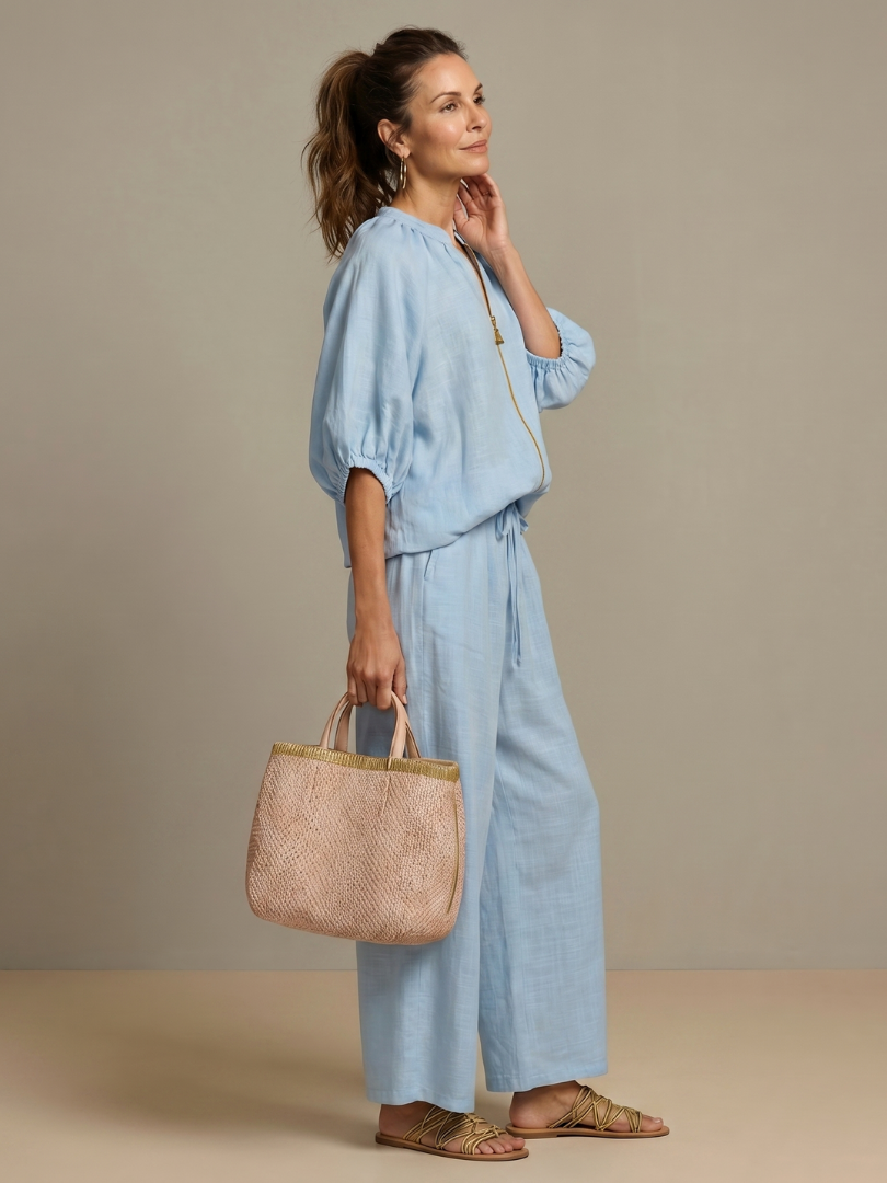 Cielebri Puff Sleeve Zip Top Wide Leg Pants Set – Two Piece Sets Women Loungewear Casual Summer Lounge Sets