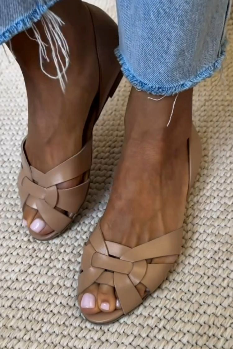 Sienna Leather Interwoven Strappy Peep Toe Flats – Women Sandals Designer Woven Casual Summer d'Orsay Flats