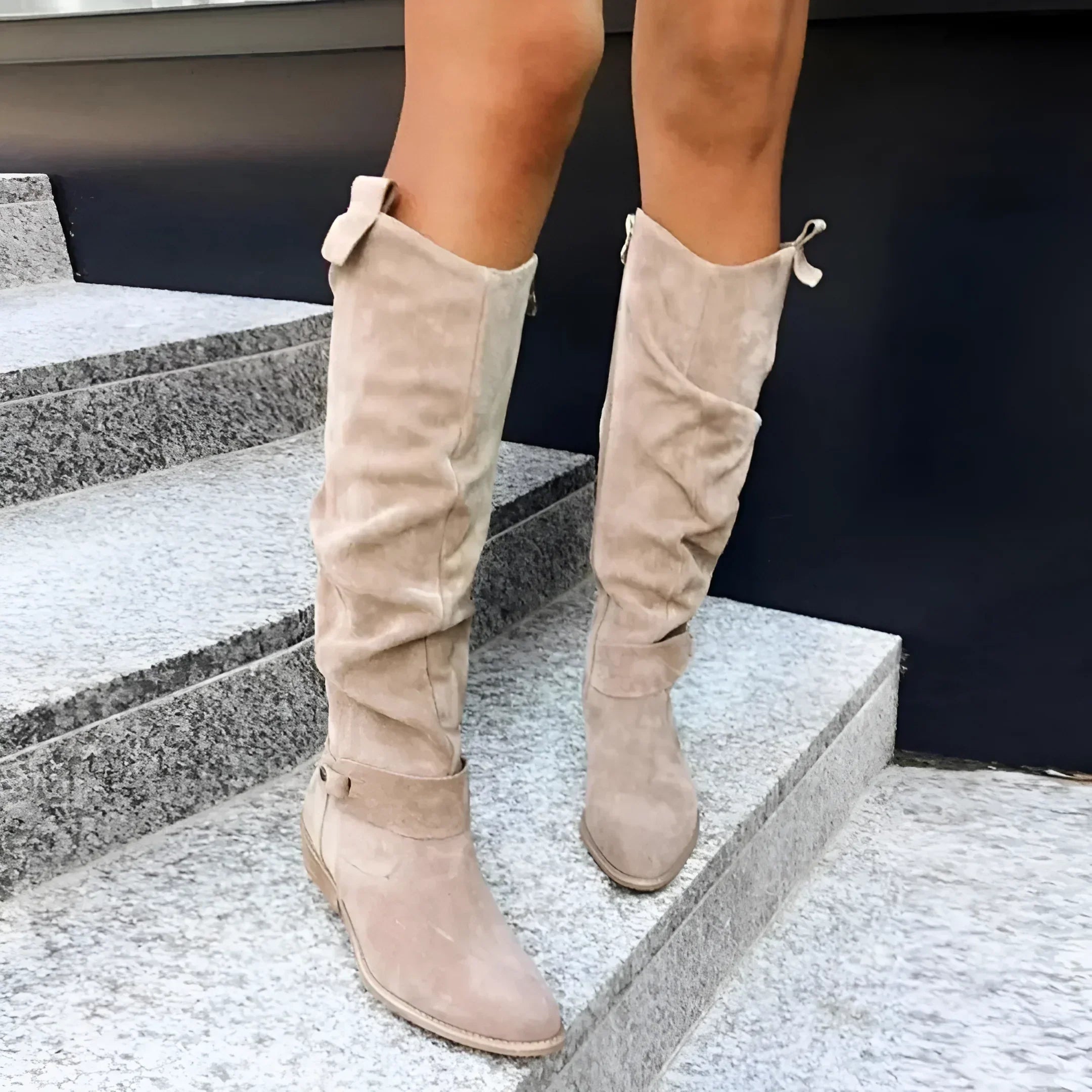 Ripplón Slouchy Knee-High Boots – Suede Women Fall Casual Business Flat Taupe Knee Boots
