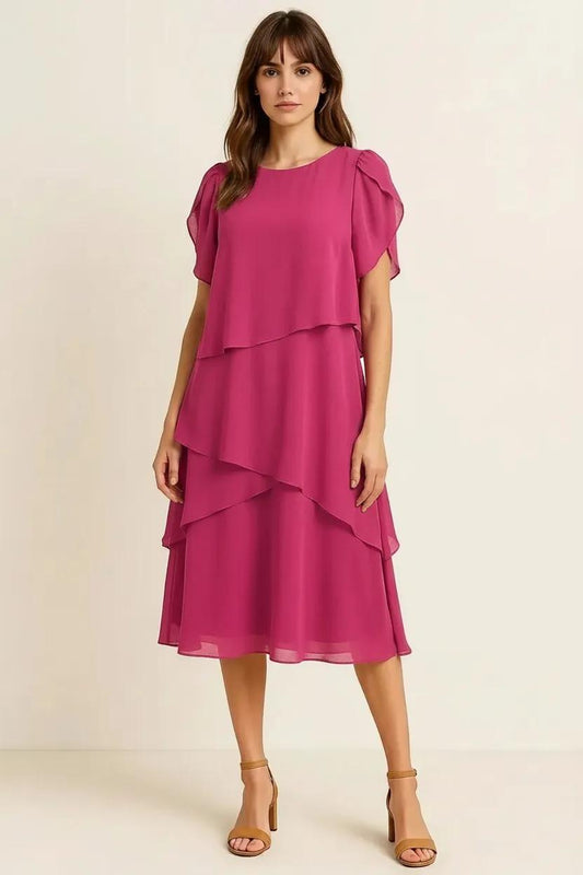 Cascada Tiered Dress – Women Midi Chiffon Puff Sleeve Wedding Guest Semi Formal Party Elegant
