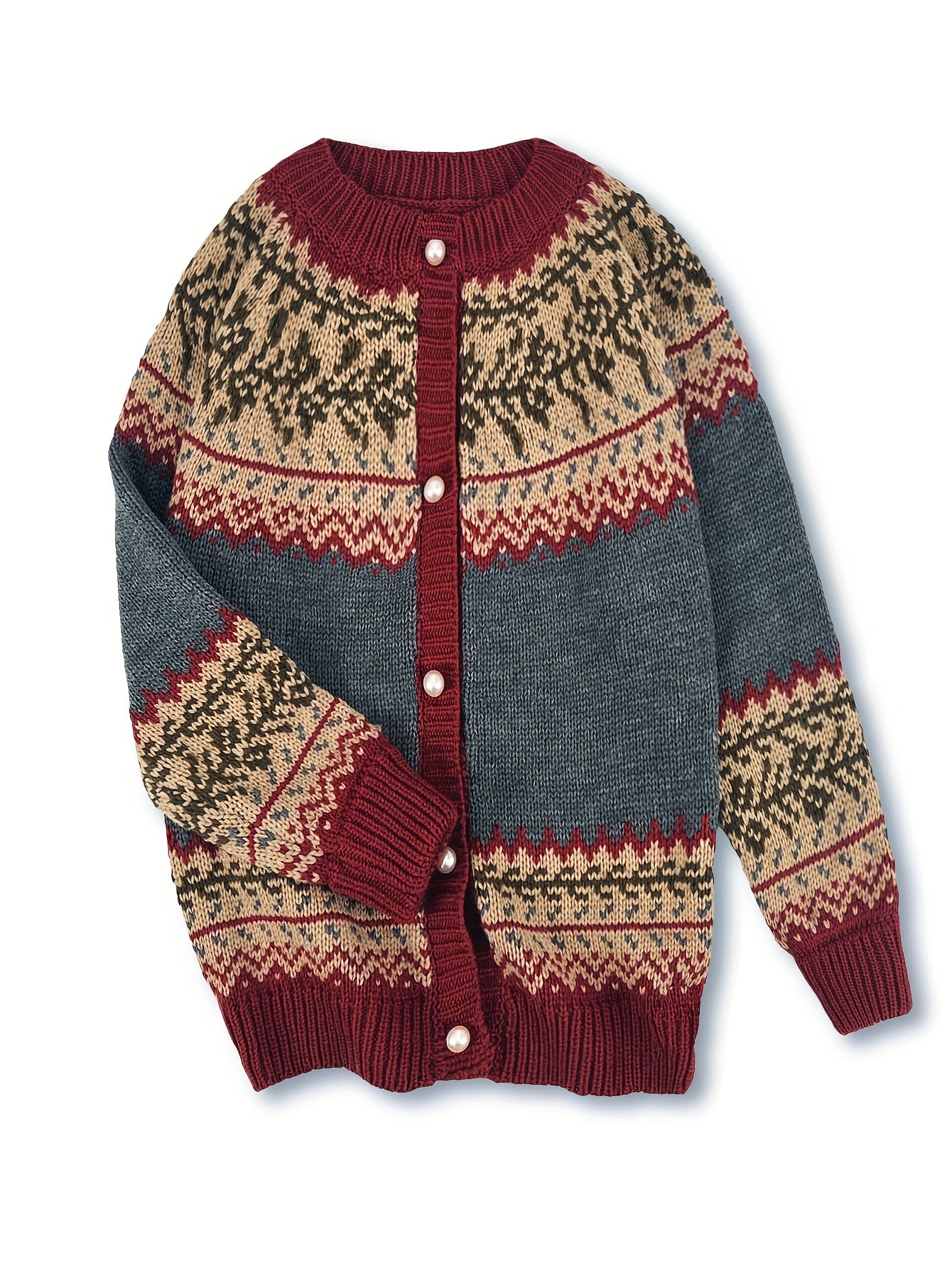 Cardigan boutonné Fair Isle Fjarrond - Pull cardigan tricoté pour femme, motif nordique, manches longues