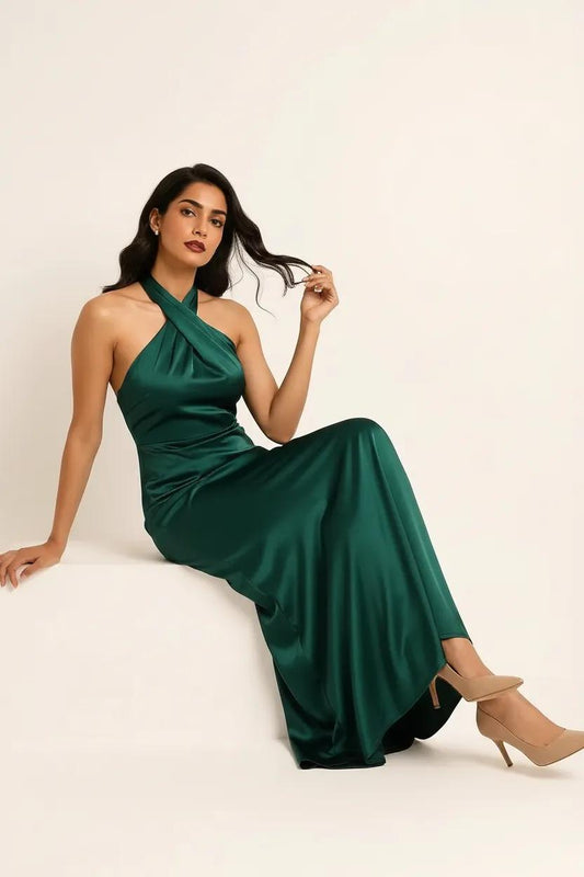 Nocturna Halter Gown – Crossover Neck Mermaid Maxi Dress Women Bodycon Semi Formal Evening Wear