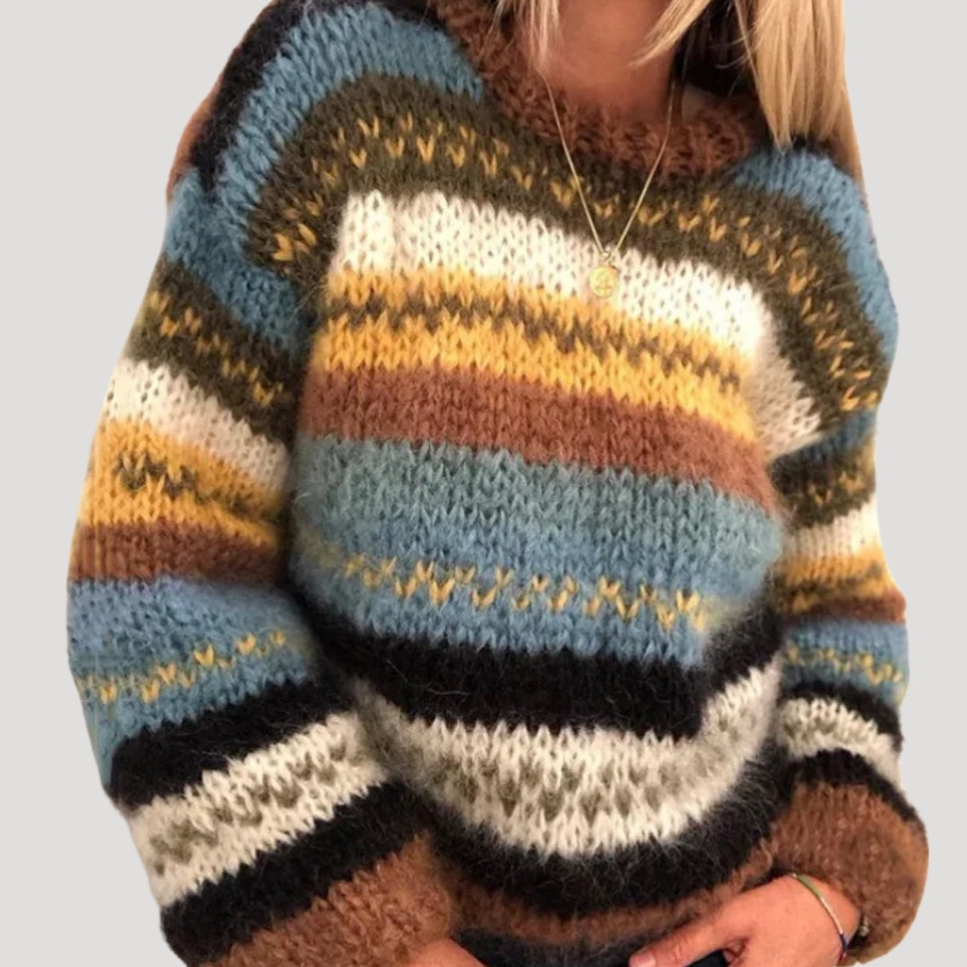Pull oversize en grosse maille Bandora - Pull rayé confortable et décontracté pour femme, vêtements en maille d’automne