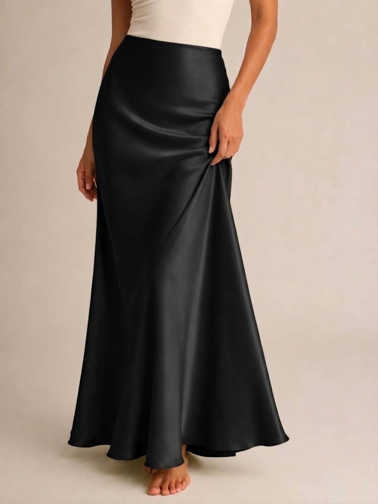 Jupe maxi en satin coupé dans le biais Ondine – Jupe fourreau ajustée taille haute, tenue de soirée habillée pour femme