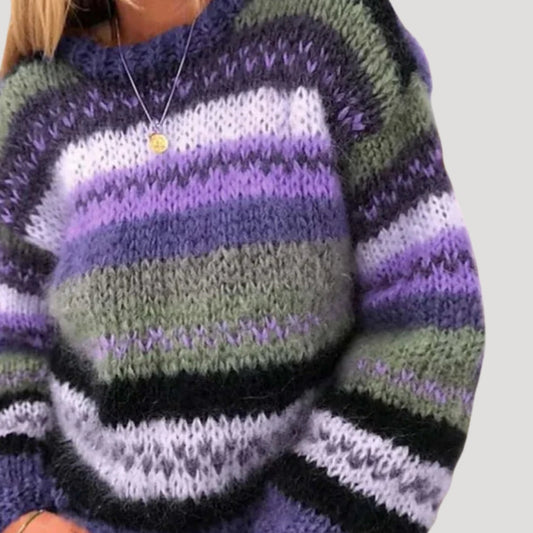 Bandora Chunky Knit Oversized Sweater – Women Striped Pullover Cozy Relaxed Fall Knitwear Jumper