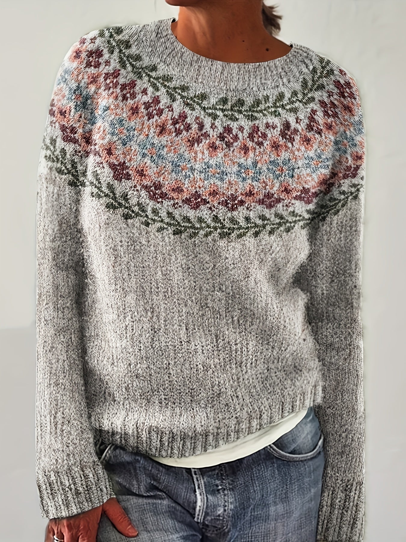Fjorisa Fair Isle Jacquard Sweater – Women Crew Neck Nordic Pullover Knit Top Fall