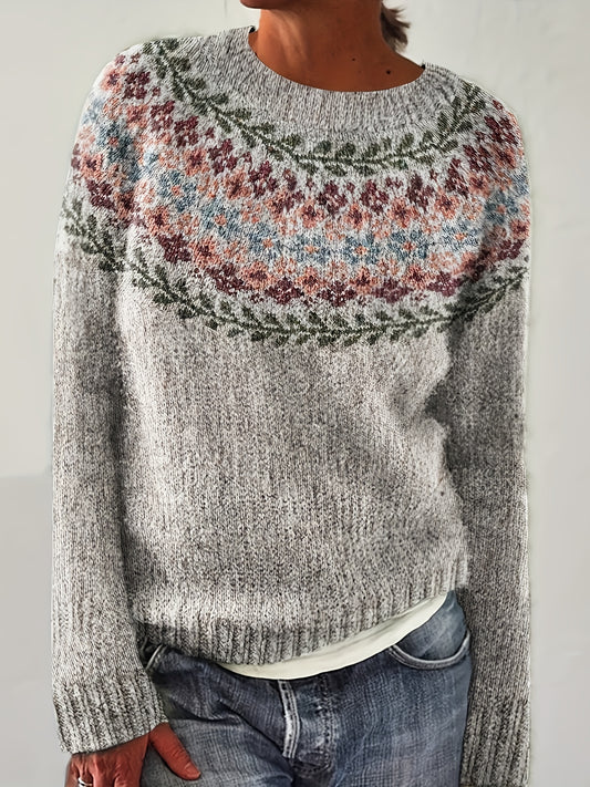 Fjorisa Fair Isle Jacquard Sweater – Women Crew Neck Nordic Pullover Knit Top Fall