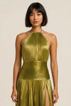 Aurelith Halter Gown – Metallic Gold Pleated Maxi Dress Women Formal Evening Party Semi Formal Dresses