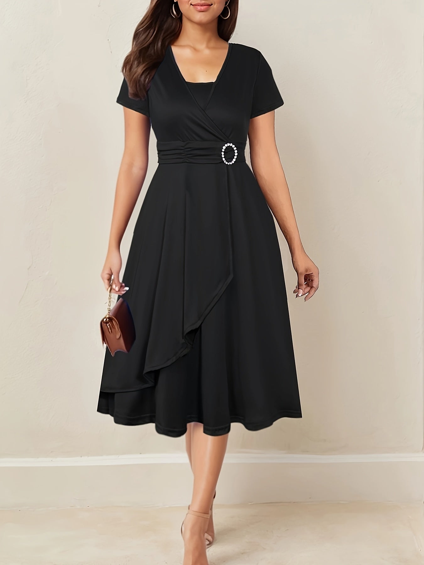 Brumati Wrap Waist Midi Dress – Rhinestone Buckle Ruched Evening Women Formal Party Teal Midi Dress